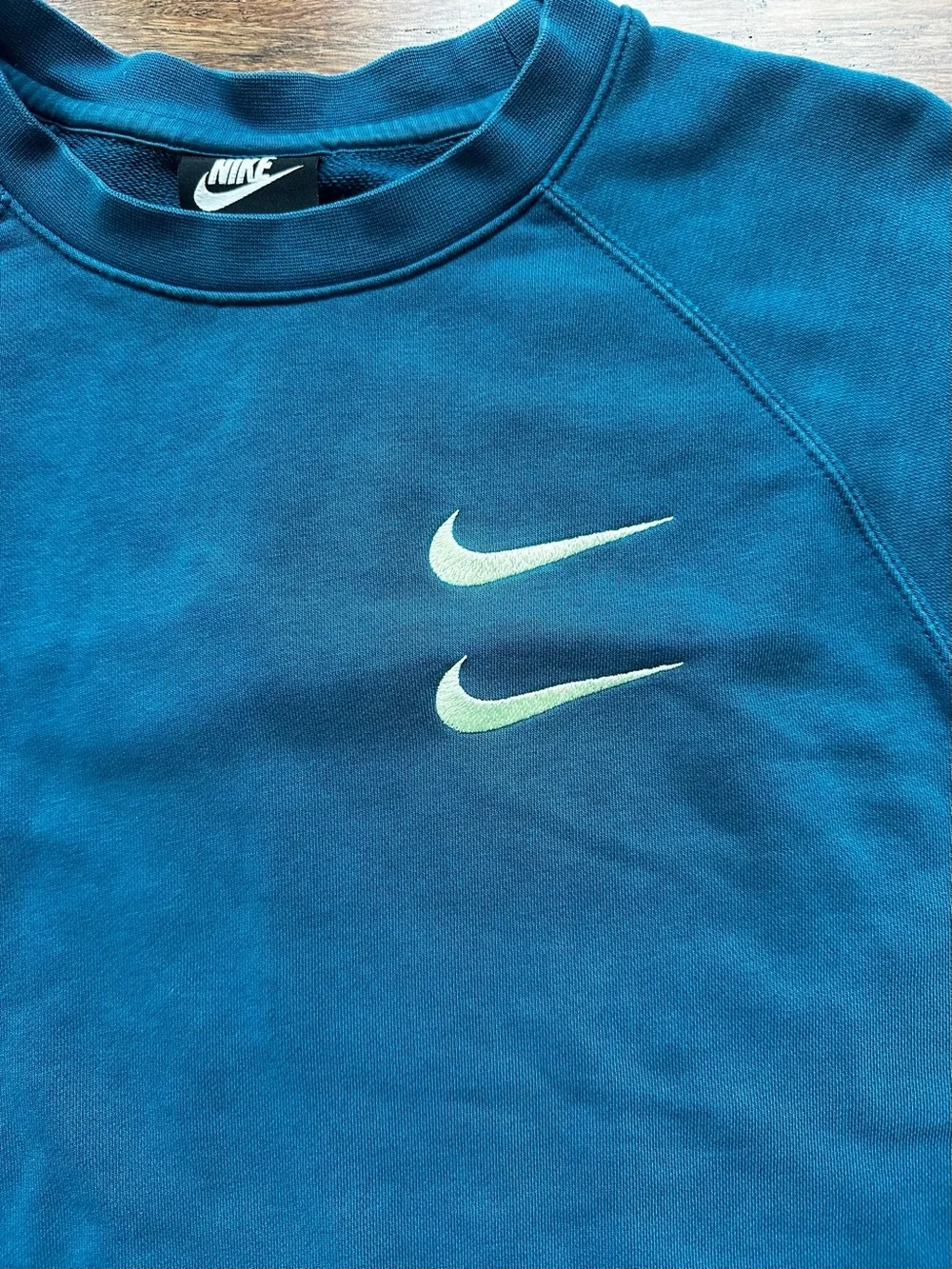 Nike Double Swoosh French Terry Crewneck Sweatshirt Men's Size M Back Hit Teal